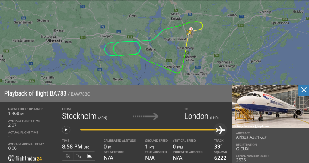 British Airways flight BA783 from Stockholm to London returned to Stockholm