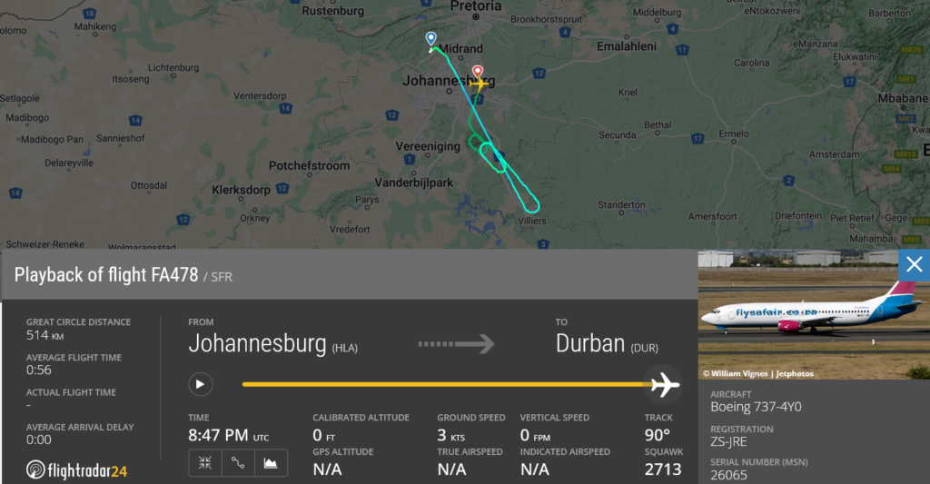 FlySafair flight FA478 from Johannesburg to Durban returned to Johannesburg due to technical issue