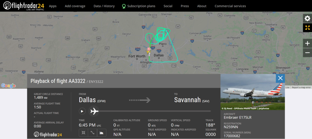 American Airlines flight AA3322 from Dallas to Savannah returned to Dallas due to a pressurisation issue