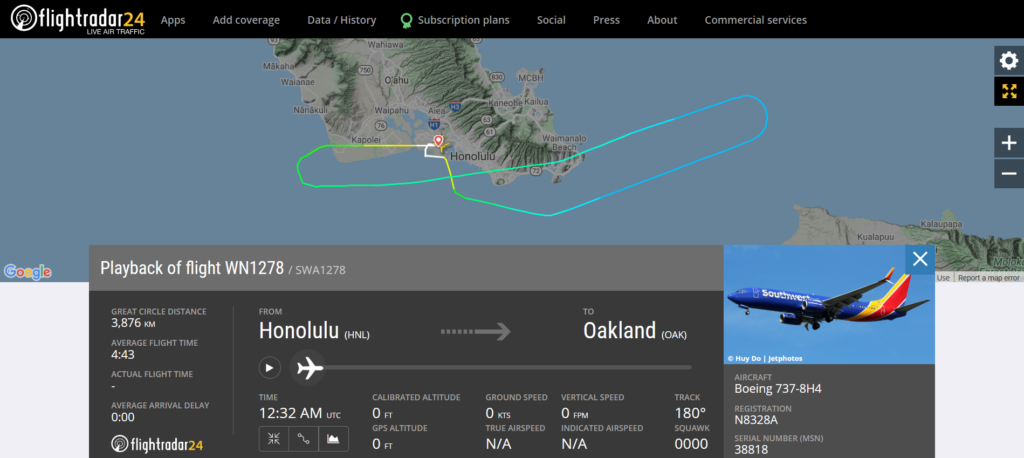 Southwest Airlines flight WN1278 from Honolulu to Oakland returned to Honolulu due to an unusual noises from windshield