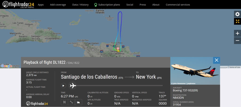 Delta Air Lines flight DL1822 from Santiago de los Caballeros to New York returned to Santiago de los Caballeros due to a maintenance issue