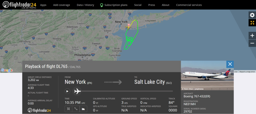 A Delta Airlines flight DL765 from New York to Salt Lake City returned to New York due to a landing gear issue
