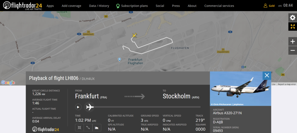 Lufthansa flight LH806 from Frankfurt to Stockholm rejected takeoff due to bird strike