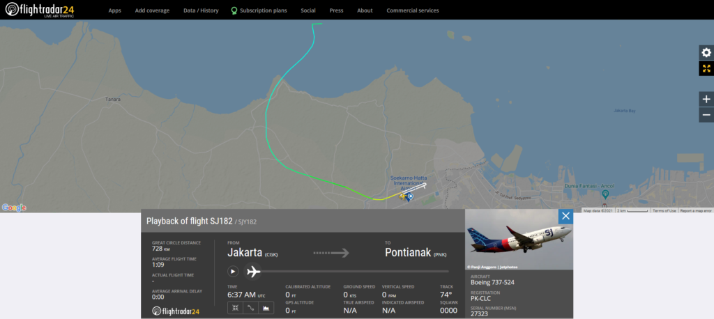 Sriwijaya Air flight SJ182 from Jakarta to Pontianak disappeared from radar about 4 minutes after departure