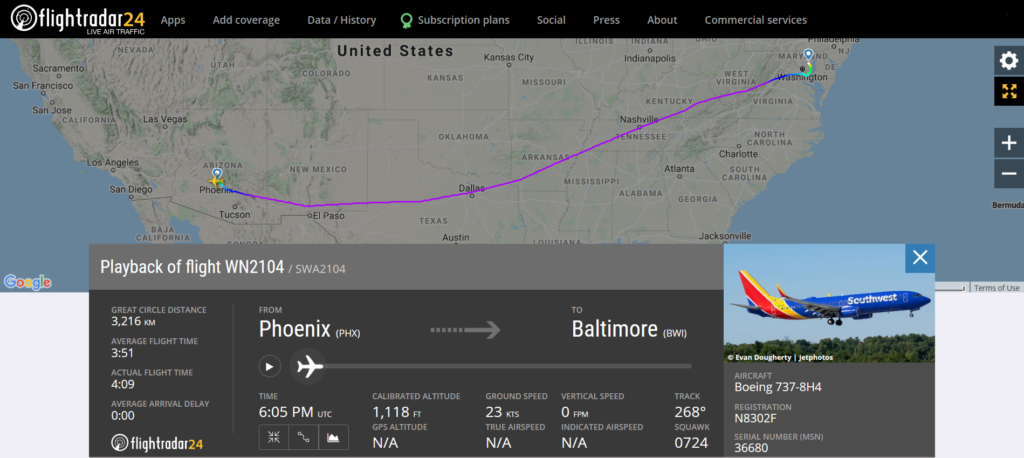 Southwest Airlines flight WN2104 from Phoenix to Baltimore was taken to a remote area of Baltimore Washington International Airport after the crew discovered a written threatening note