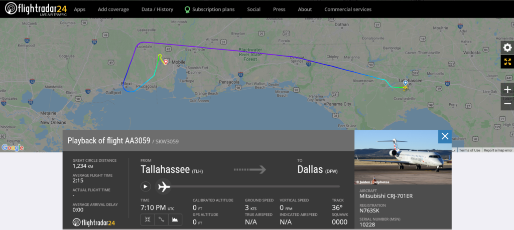 American Airlines flight AA3059 from Tallahassee to Dallas diverted to Mobile due to a mechanical issue