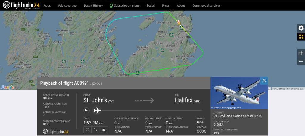 Air Canada flight AC8991 from St. John's to Halifax returned to St. John's due to fumes in cabin