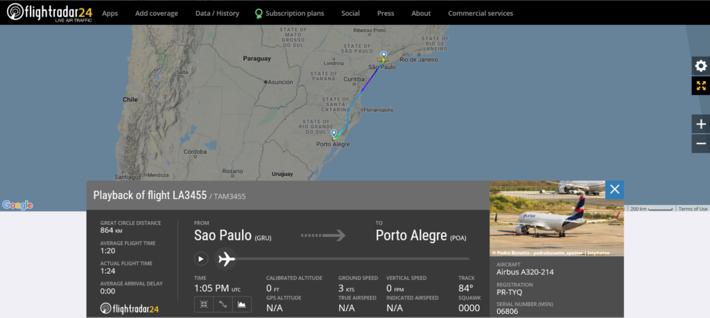 LATAM Airlines flight LA3455 from Sao Paulo to Porto Alegre experienced a pressurisation issue