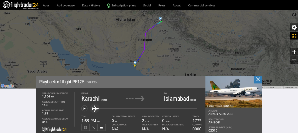 AirSial flight PF125 from Karachi to Islamabad suffered bird strike