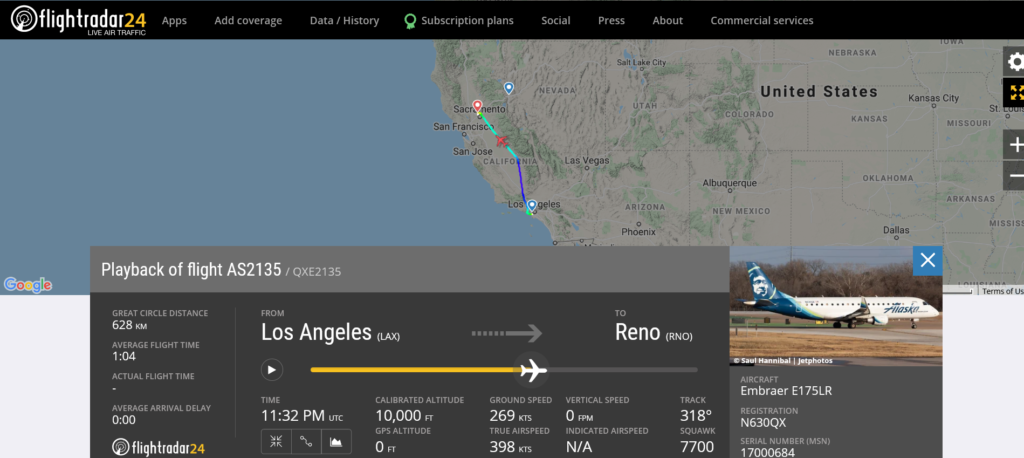 Alaska Airlines flight AS2135 from Los Angeles to Reno declared an emergency and diverted to Sacramento due to pressurisation issue
