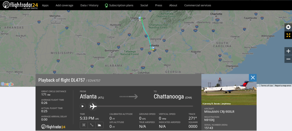 Delta Air Lines flight DL4757 from Atlanta to Chattanooga suffered wing tip strike on landing
