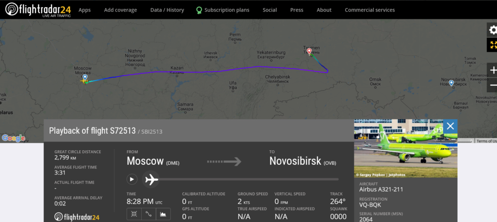 S7 Airlines flight S72513 from Moscow to Novosibirsk diverted to Tyumen after engine shut down