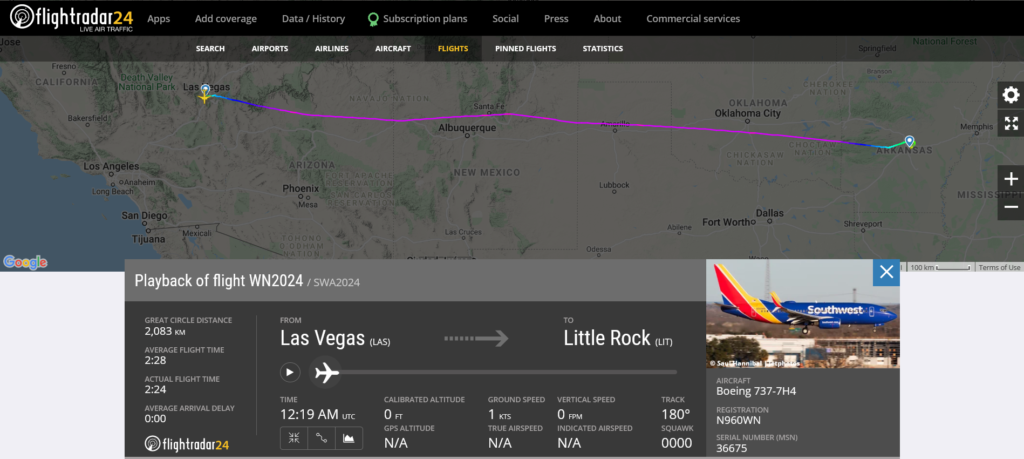 Southwest Airlines flight WN2024 from Las Vegas to Little Rock suffered a bird strike