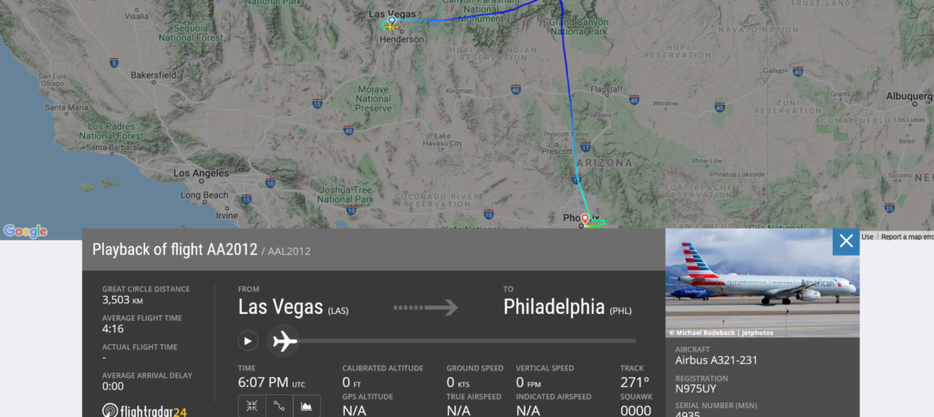 American Airlines flight AA2012 from Las Vegas to Philadelphia diverted to Phoenix due to flaps issue