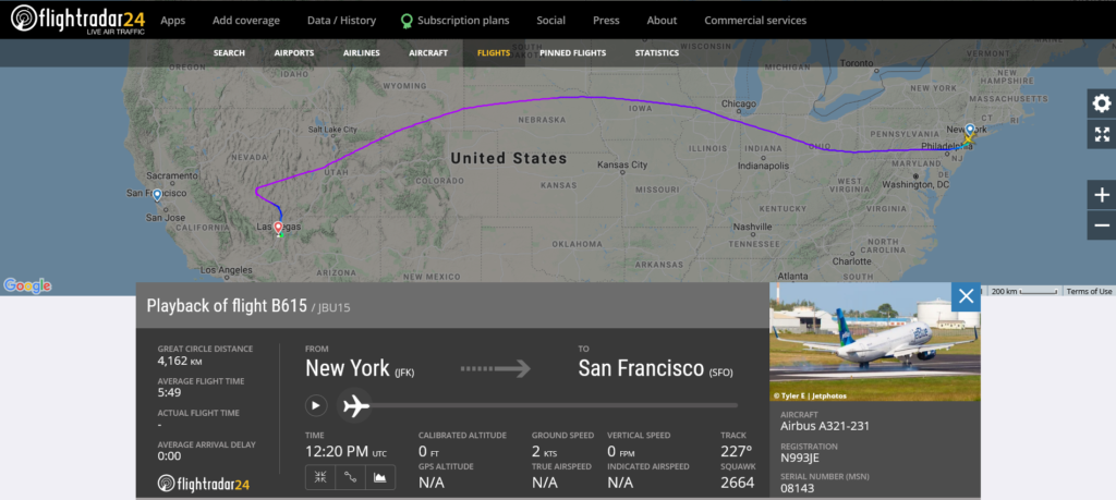JetBlue flight B615 from New York to San Francisco diverted to Las Vegas due to medical emergency