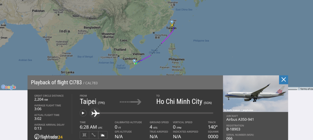 China Airlines flight CI783 from Taipei to Ho Chi Minh City suffered bird strike