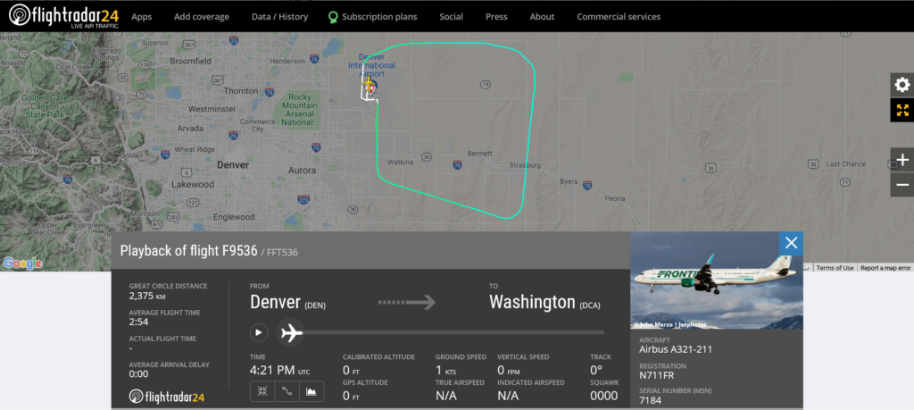 Frontier Airlines flight F9536 from Denver to Washington returned to Denver due to smell on board