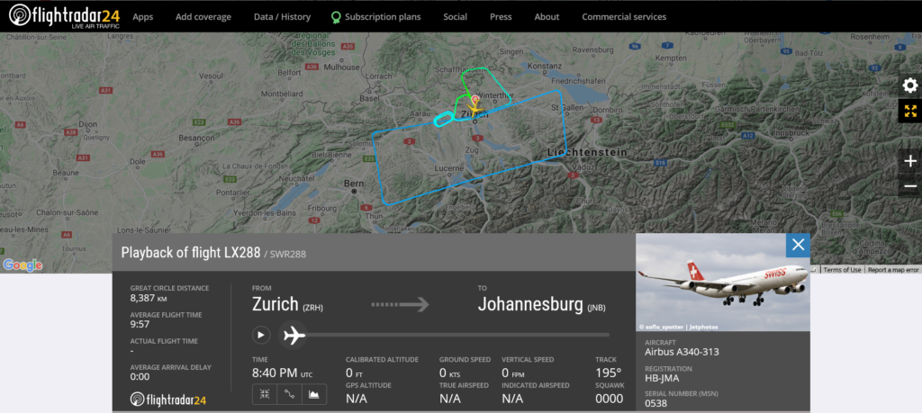 Swiss flight X288 from Zurich to Johannesburg returned to Zurich due to flaps issue