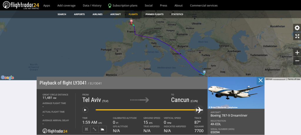 El Al flight LY3041 from Tel Aviv to Cancun declared an emergency and diverted to Paris