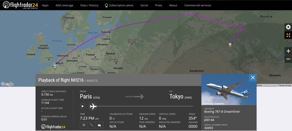 All Nippon Airways flight NH216 from Paris to Tokyo diverted to Novosibirsk due to medical emergency