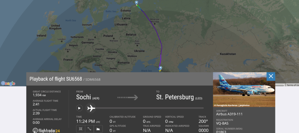 Aeroflot flight SU6568 from Sochi to St. Petersburg suffered bird strike