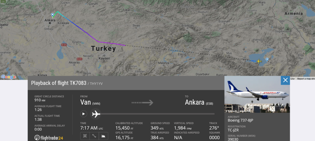 Turkish Airlines flight TK7083 from Van to Ankara suffered burst tyre on landing