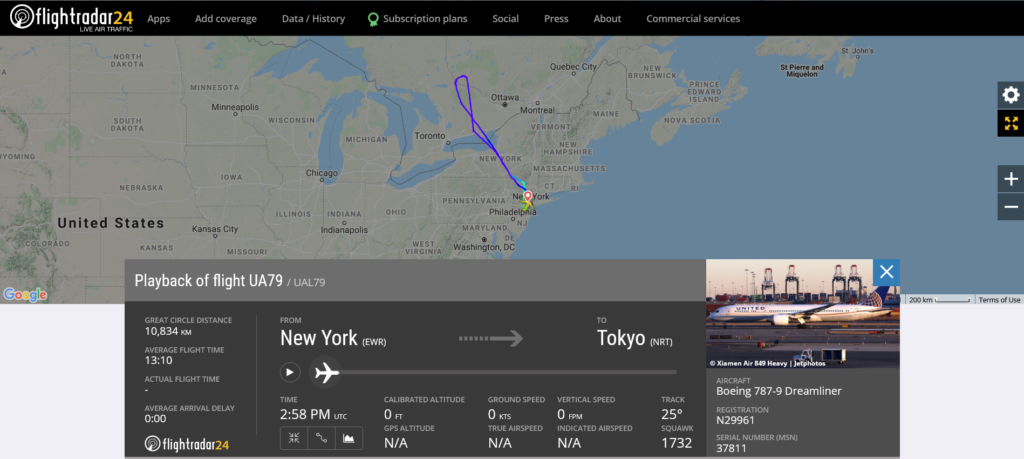 United Airlines flight UA79 from New York to Tokyo returned to New York after air-conditioning issue