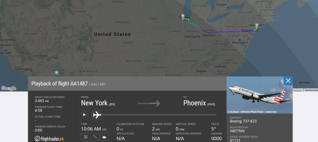American Airlines flight AA1487 from New York to Phoenix diverted to Chicago due to service door opened