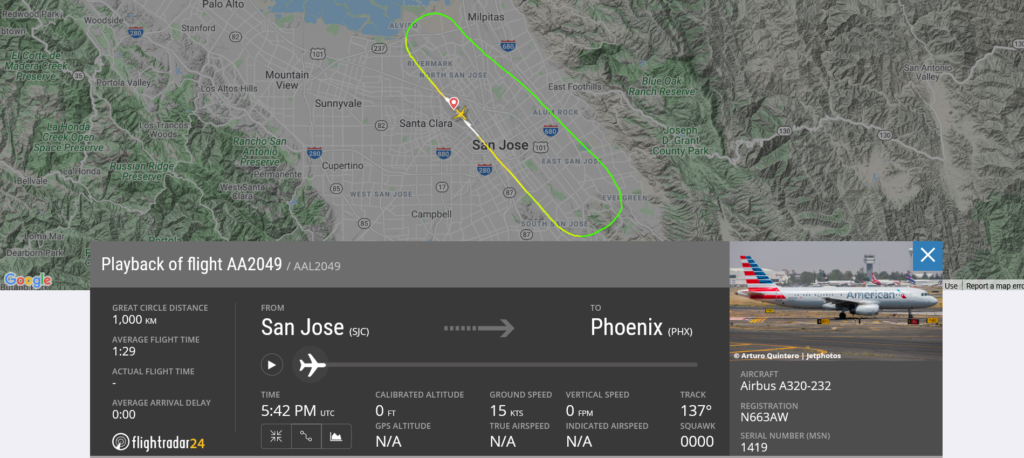 American Airlines flight AA2049 from San Jose to Phoenix returned to San Jose due to engine issue