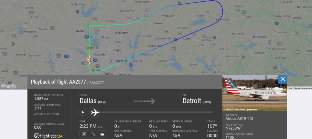 American Airlines flight AA2377 from Dallas to Detroit returned to Dallas due to electrical issue