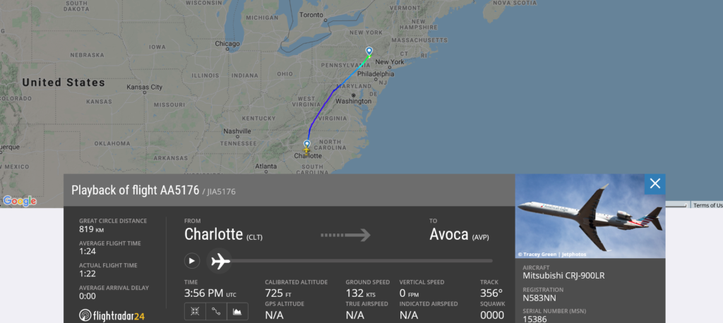American Airlines flight AA5176 from Charlotte to Wilkes-Barre/Scranton suffered possible spoiler issue