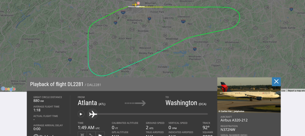 Delta Air Lines flight DL2281 from Atlanta to Washington returned to Atlanta after bird strike cracked windshield