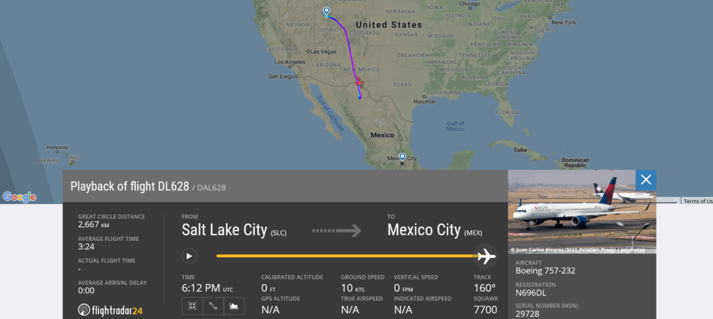 Delta Air Lines flight DL628 from Salt Lake City to Mexico City declared an emergency (squawk 7700) and diverted to El Paso due to pressurisation issue