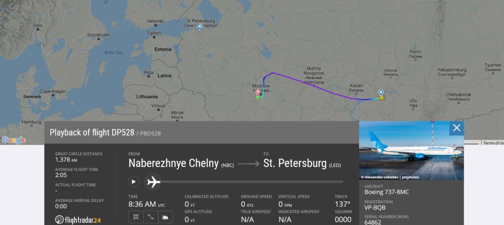 Pobeda flight DP528 from Naberezhnye Chelny to St. Petersburg diverted to Moscow after engine shut down
