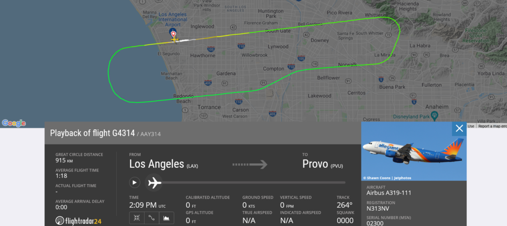 Allegiant Air flight G4314 from Los Angeles to Provo returned to Los Angeles due to bird strike