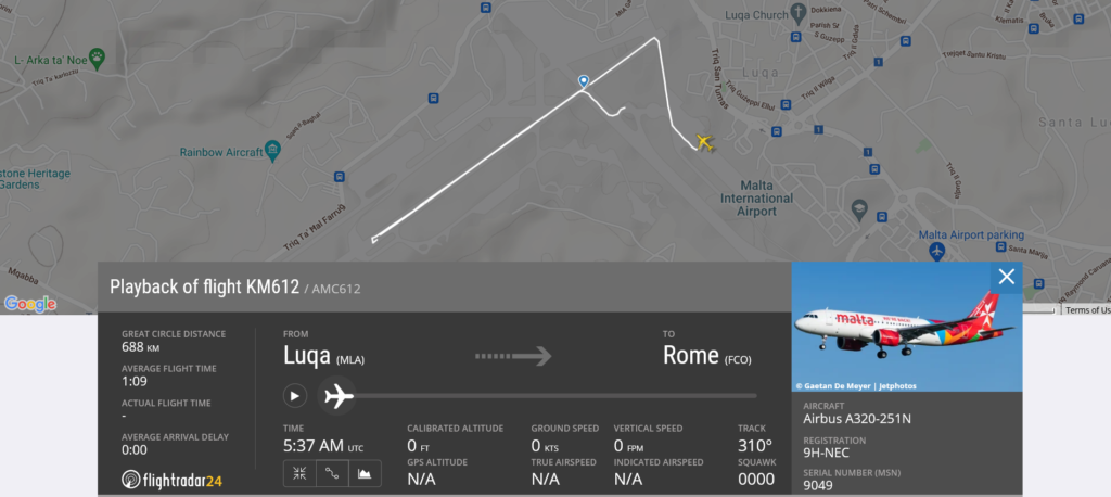 An Air Malta flight KM612 from Luqa to Rome rejected takeoff at high speed