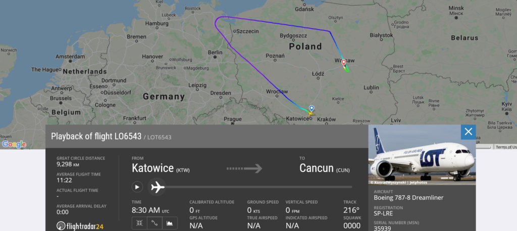 LOT flight LO6543 from Katowice to Cancun diverted to Warsaw due to technical issue