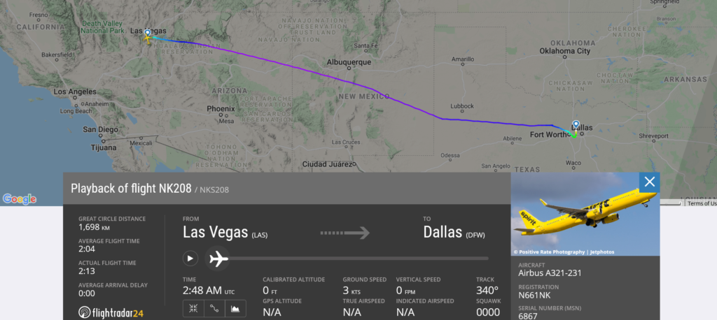 Spirit Airlines flight NK208 from Las Vegas to Dallas encountered turbulence