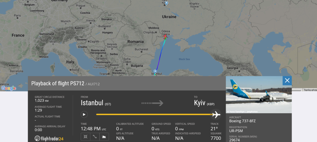 Ukraine International Airlines flight PS712 from Istanbul to Kyiv declared an emergency and diverted to Odesa due to technical issue