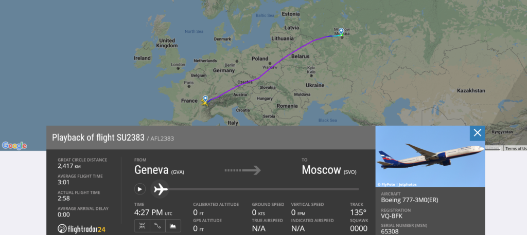 Aeroflot flight SU2383 from Geneva to Moscow suffered lightning strike