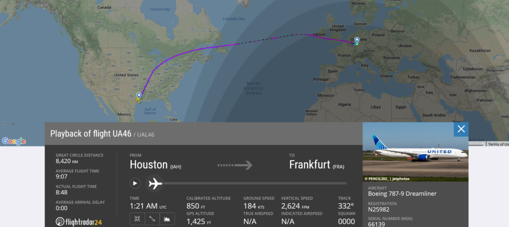 United Airlines flight UA46 from Houston to Frankfurt suffered flaps issue