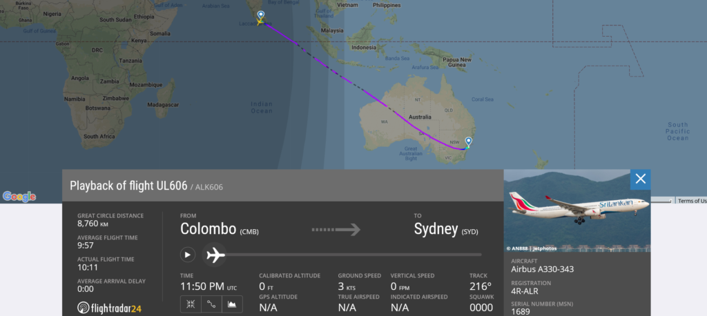 SriLankan Airlines flight UL606 from Colombo to Sydney suffered autopilot issue