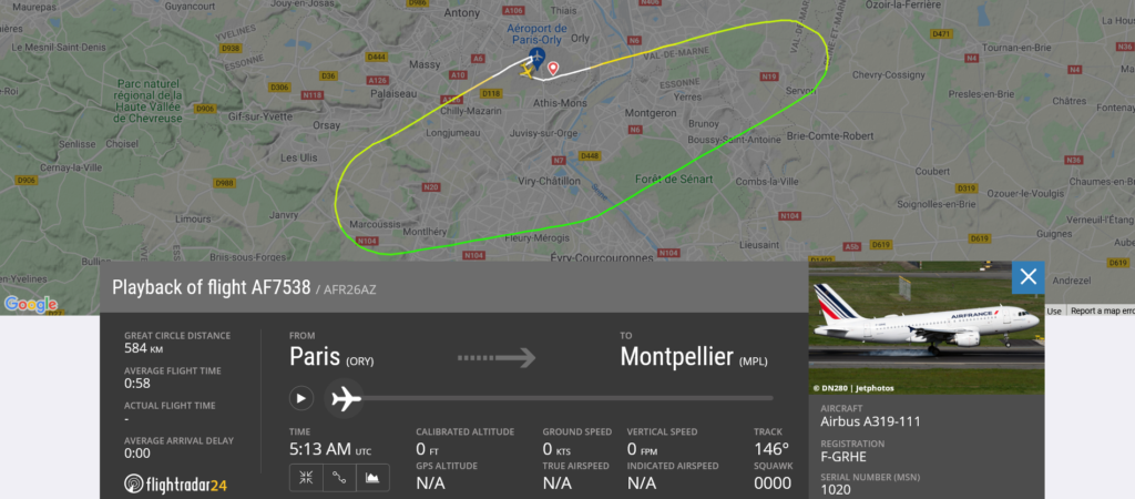 Air France flight AF7538 from Paris to Montpellier returned to Paris due to bird strike