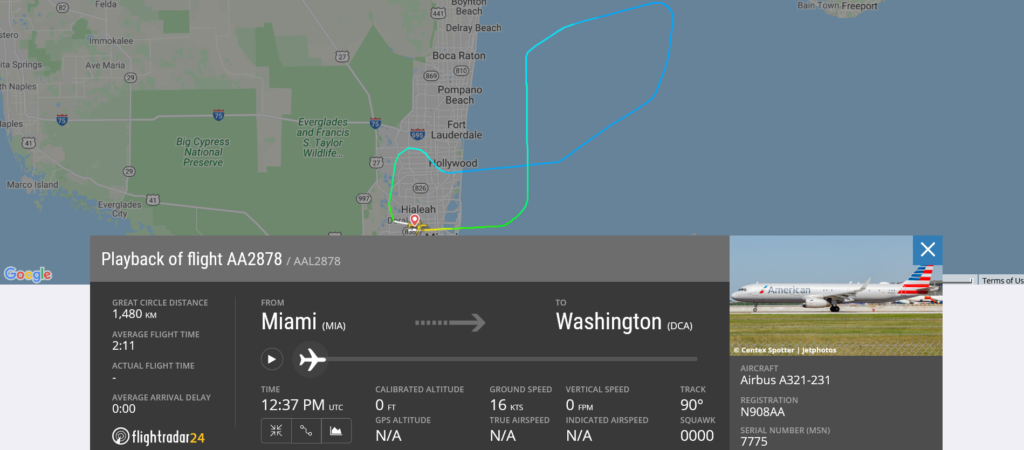 American Airlines flight AF7538 from Miami to Washington returned to Miami due to odor on board