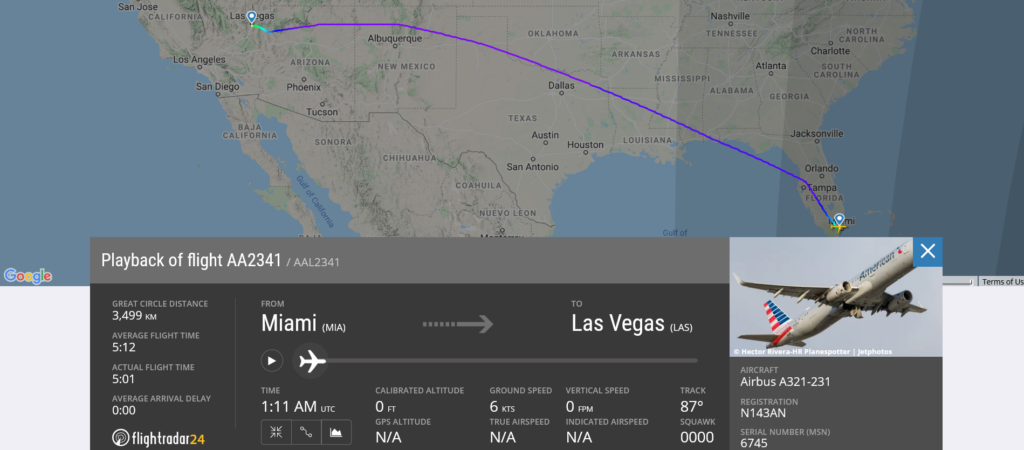 American Airlines flight AA2341 from Miami to Las Vegas suffered tail strike on landing