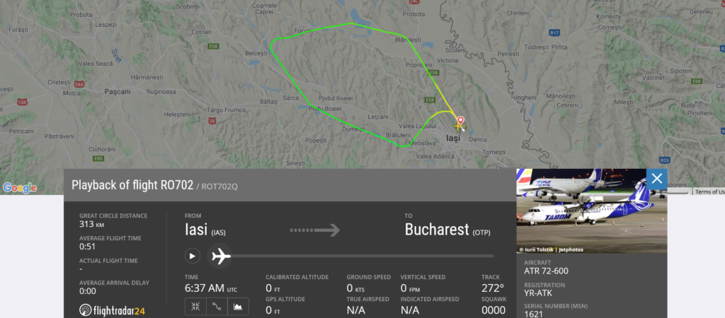 TAROM flight RO702 from Iasi to Bucharest returned to Iasi due to bird strike