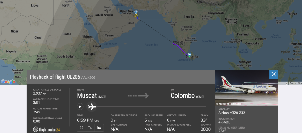 SriLankan Airlines flight UL206 from Muscat to Colombo suffered unreliable airspeed indication