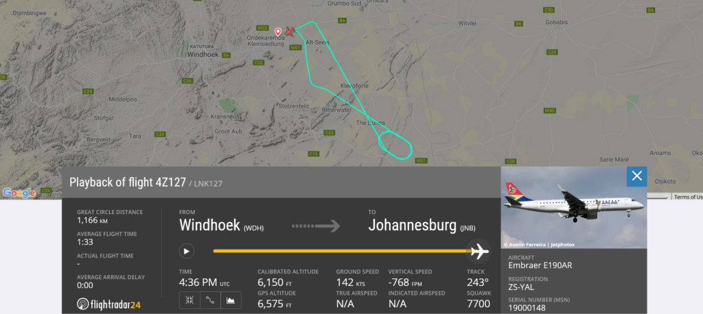 Airlink flight 4Z127 from Windhoek to Johannesburg declared an emergency and returned to Windhoek due to bird strike