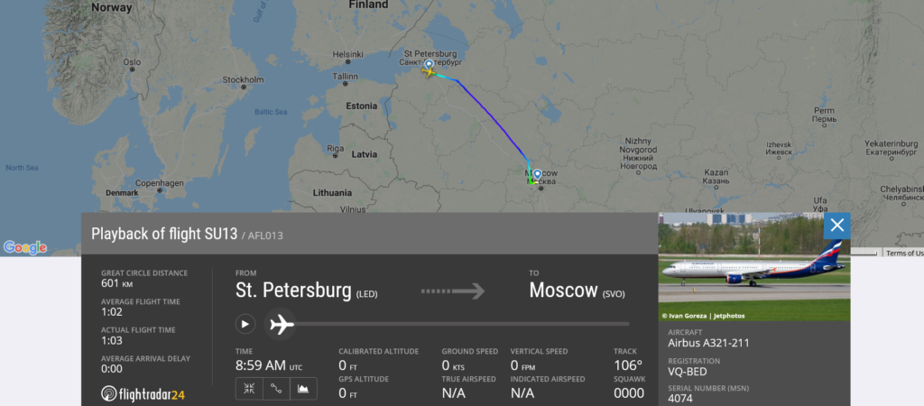 Aeroflot flight SU13 from St. Petersburg to Moscow suffered hydraulic issue