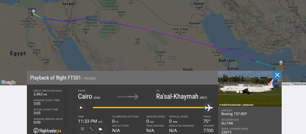 FlyEgypt flight FT501 from Cairo to Ra'sal-Khaymah declared an emergency due to a pressurisation issue